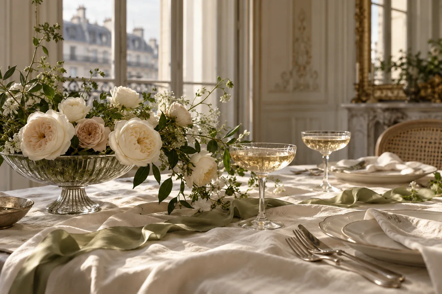 Imagined Parisian wedding table with champagne coupes and sculptural ivory roses